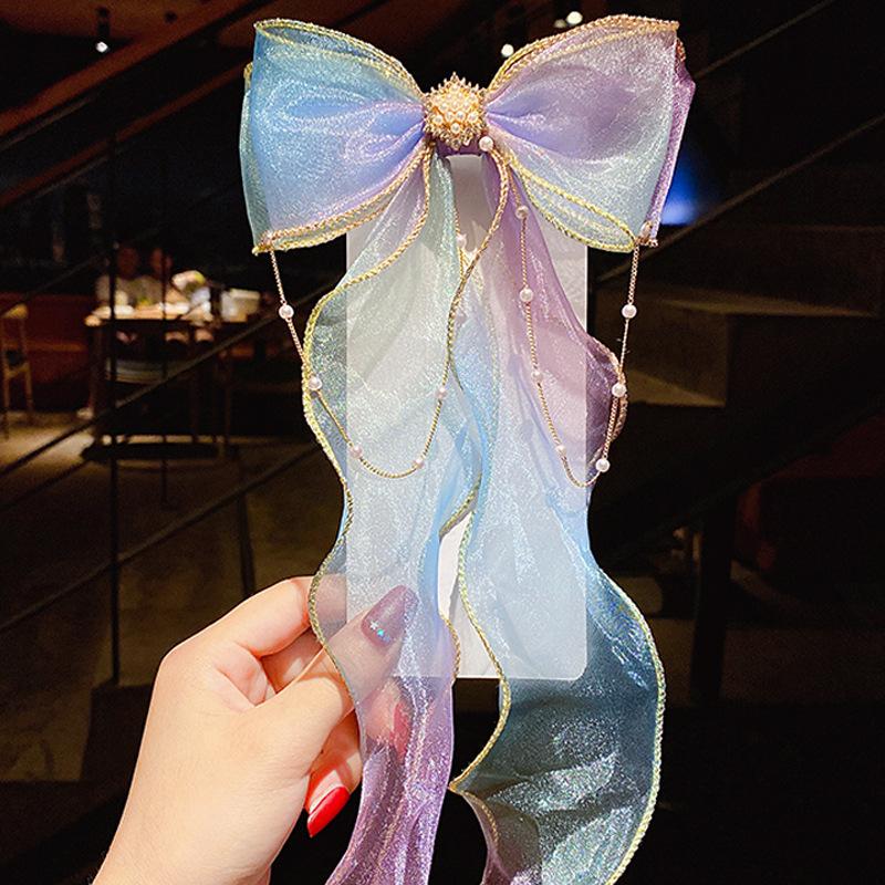 Perlenkette Mädchen Netz-Streamer Haarspangen Schleifen Schleifenknoten Quaste Pferdeschwanz-Klammern Farbverlauf Flecht-Haarnadel-Klemmen Haar-Accessoires