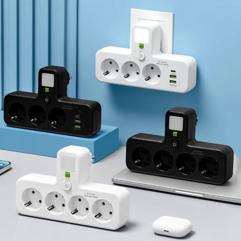 EU Power Strip - AC Sockets, USB & Type-C, 2 Versions Available, Individual Switches + Small Night Light
