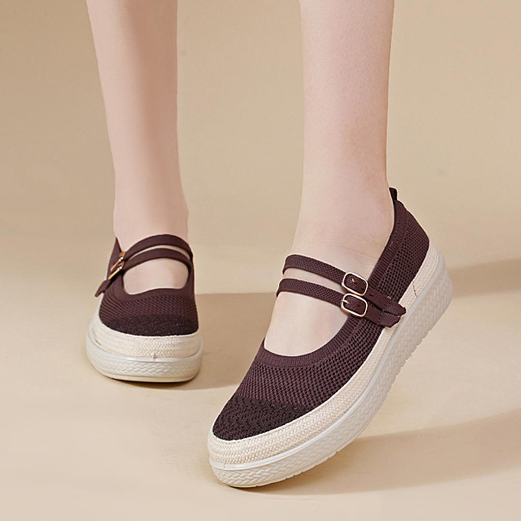 Women Mesh Flyknit Outdoor Shoes Breathable Lightweight Casual Sneakers with Adjustable Strap and Flexible Sole for Daily Walking and Travel
