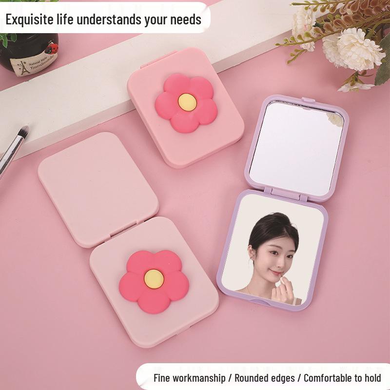 Double-Sided Flower Foldable Mini Square Mirror for Female Students – Portable Dormitory Makeup Pocket Mirror