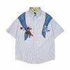 American Retro Fun Bear Embroidered Striped Short-sleeved Shirt Men's and Women's Summer Loose Casual Versatile Shirt