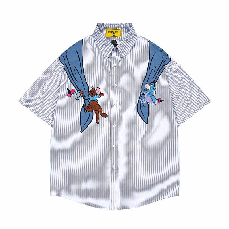 American Retro Fun Bear Embroidered Striped Short-sleeved Shirt Men's and Women's Summer Loose Casual Versatile Shirt
