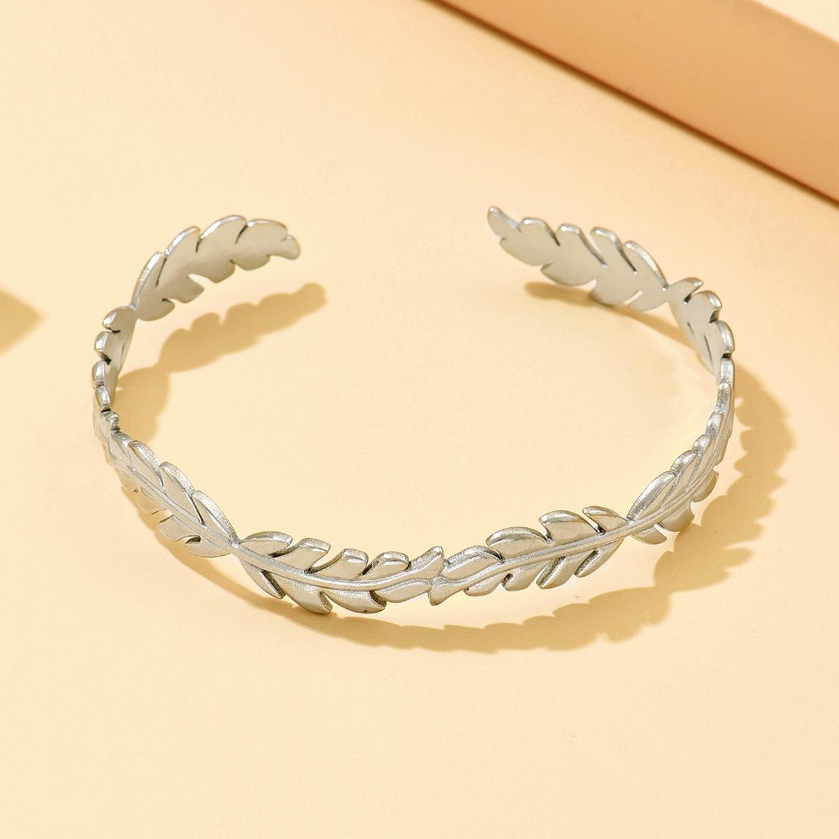 Elegant Stainless Steel Leaf Open Bangle Bracelet