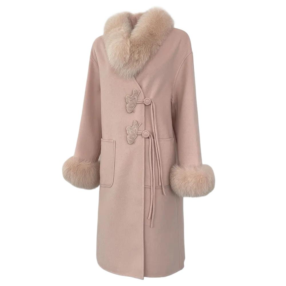 OFTBUY Autumn Winter Jacket Natural Real Big Fox Fur Collar Long Thick Warm Wool Blends Coat Women Outerwear Embroidery Chinese