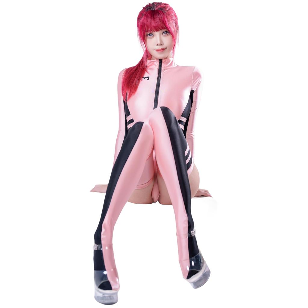 Long Sleeve Leotard Sexy High Leg Swimsuit Shiny Simple Knee High Stocking RQ Race Queen Cosplay Costume [LOST-G] Women's (PINK, M)