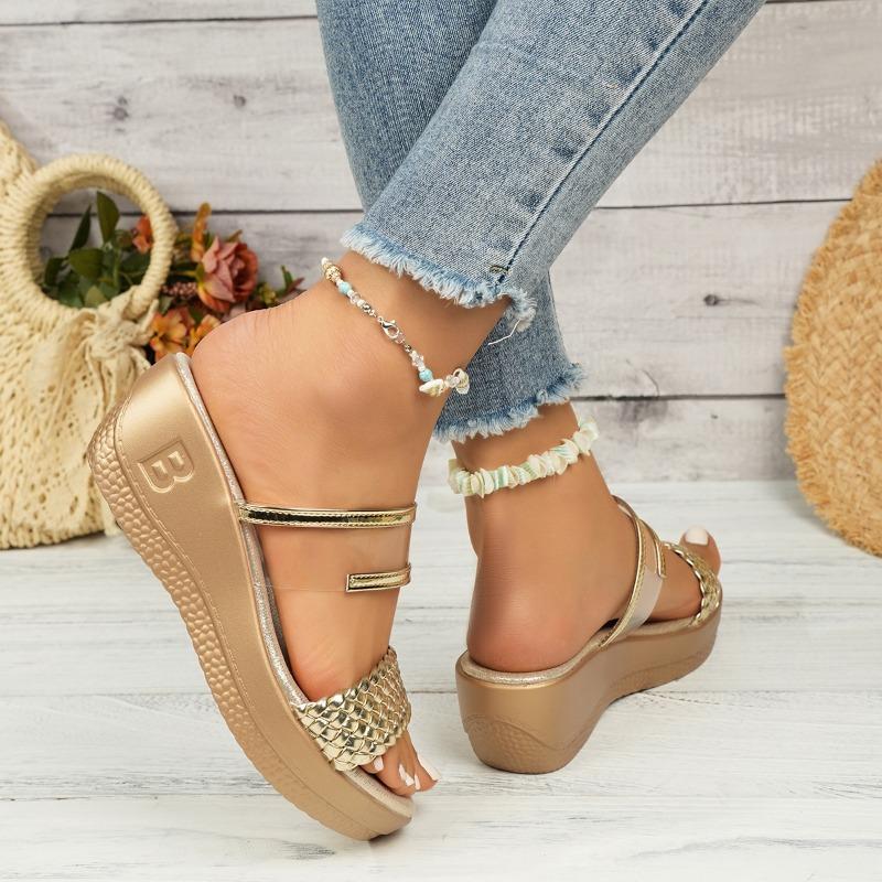Large size solid color summer new round head fashion women's one-word thick-bottomed cool slippers