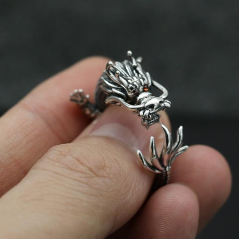 1Pc Retro Thai Silver Ring Male Qinglong Faucet Ring Domineering Personality Chinese Style Jewelry Wenwan Chinese Dragon
