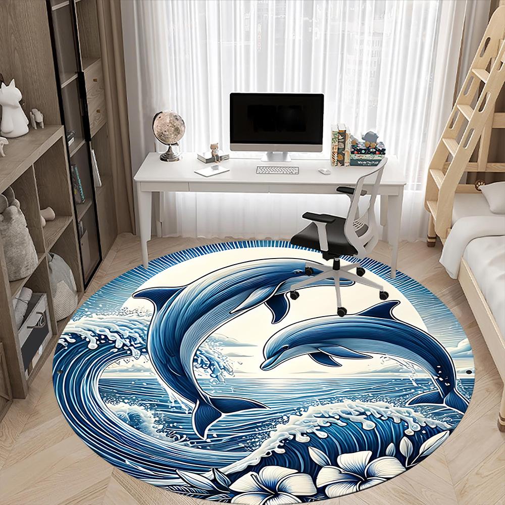1 szt. Okrągły dywanik biurowy z motywem fal i delfinów, Mata wewnętrzna odpowiednia do biura, Pod krzesła biurowe, Sypialni, Salonu, Wystroju domu, Dekoracja pokoju