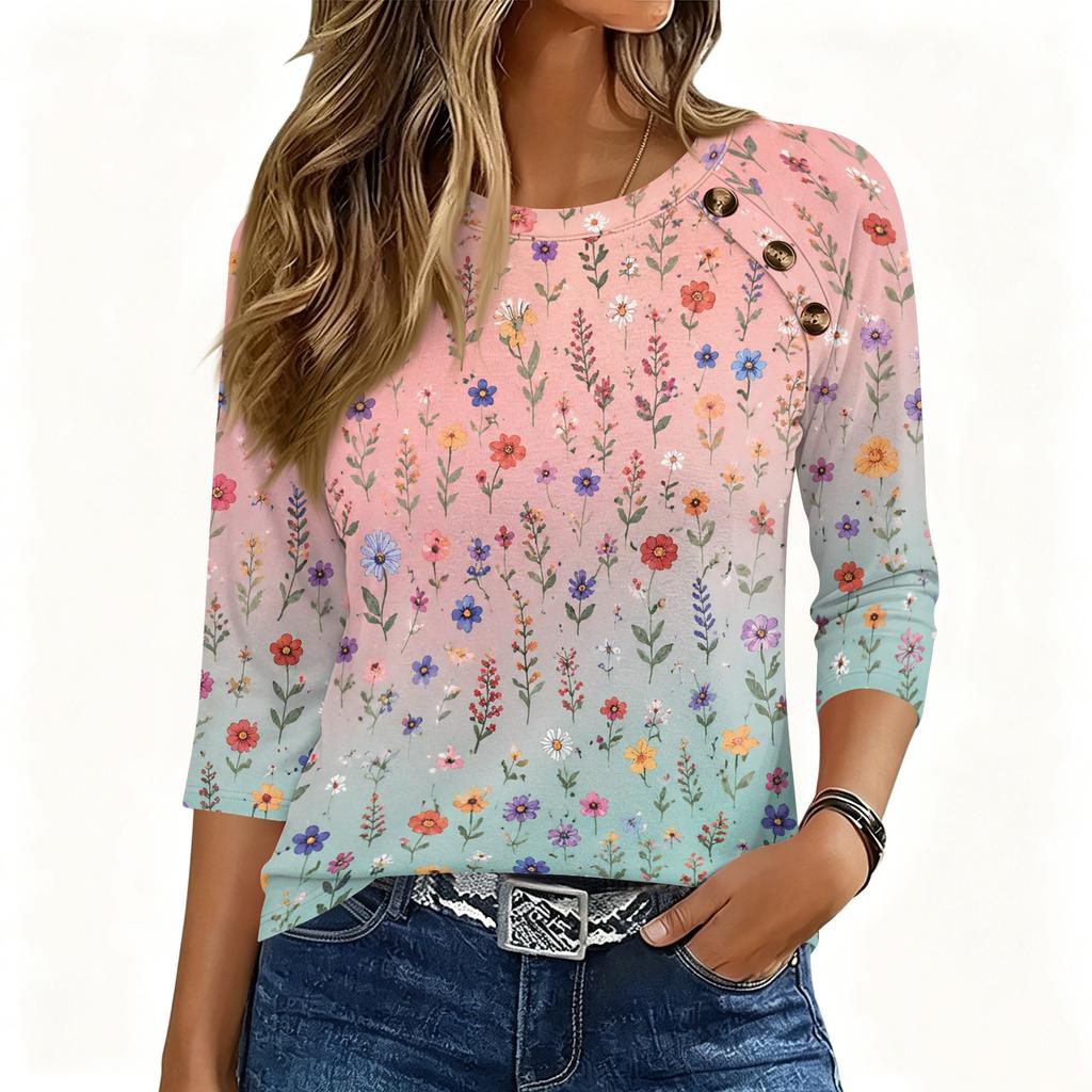 Women 3/4 Sleeve Crew Neck Button Decor Top Floral Pattern Casual Loose Fit Soft Fabric Pullover Shirt for Daily Wear