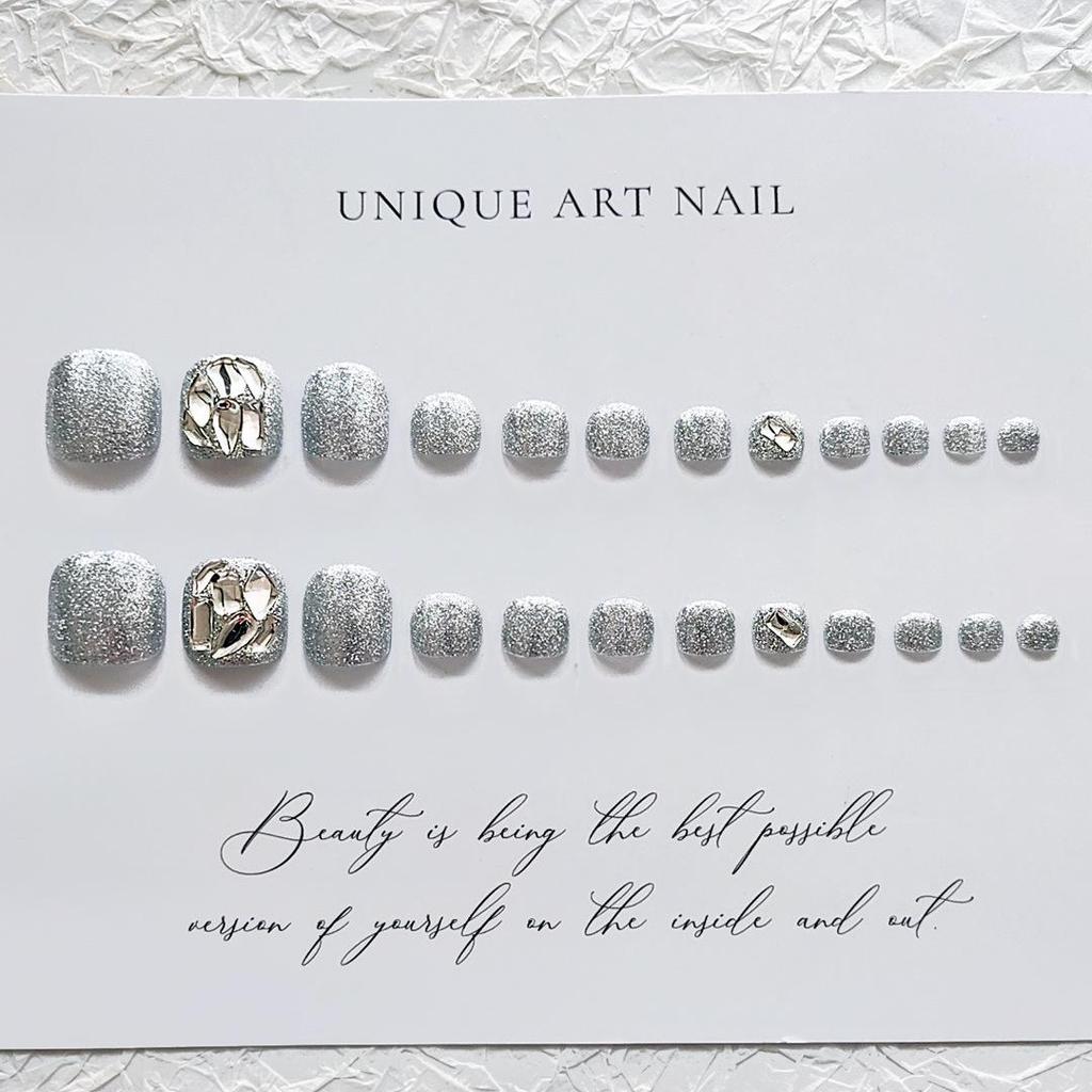 J72 Silver Diamond Toenail Art Gel Stickers - Flashy Handmade Wearable Fake Toenail Patches