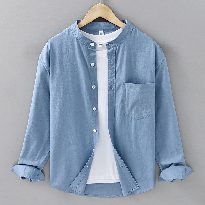 Cotton Linen Shirt Mandarin Collar Long Sleeve Casual Loose Fit Button-Up Shirt Men's Retro Camping Fishing