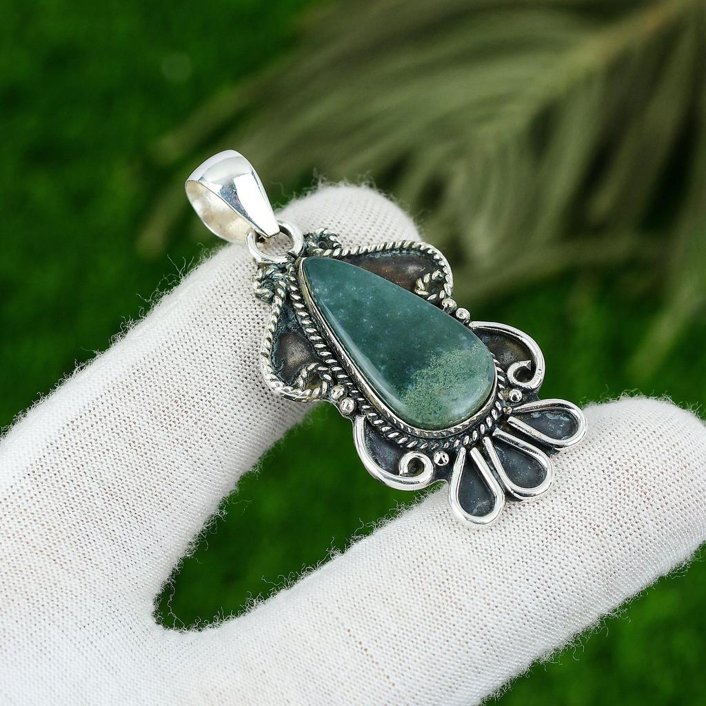 Friendship Day Deal Sterling Silver Natural Solar Moss Agate Handmade Pendant