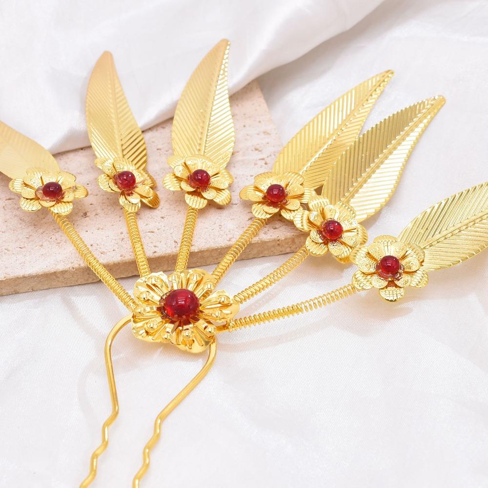 Ancient Thai Metal Leaves Hairpin Rhinestone Golden Hair Fork Retro U-shaped Hairpin Party
