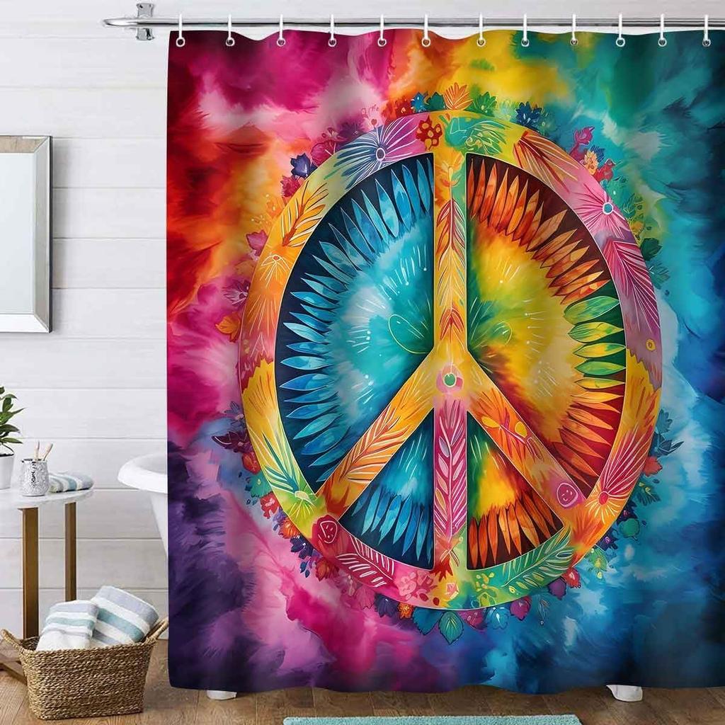 Peace Symbol Shower Curtain, 72x72 inch Polyester, Colorful Watercolor Tie Dye Hippie Peace Sign Bathroom Shower Curta Decor Set with 12 Hooks