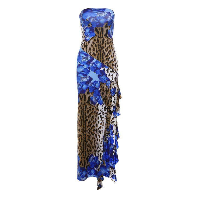 

Leopard Print Backless Strapless Slit Dress Leopard Print Backless Split Dress Blue L