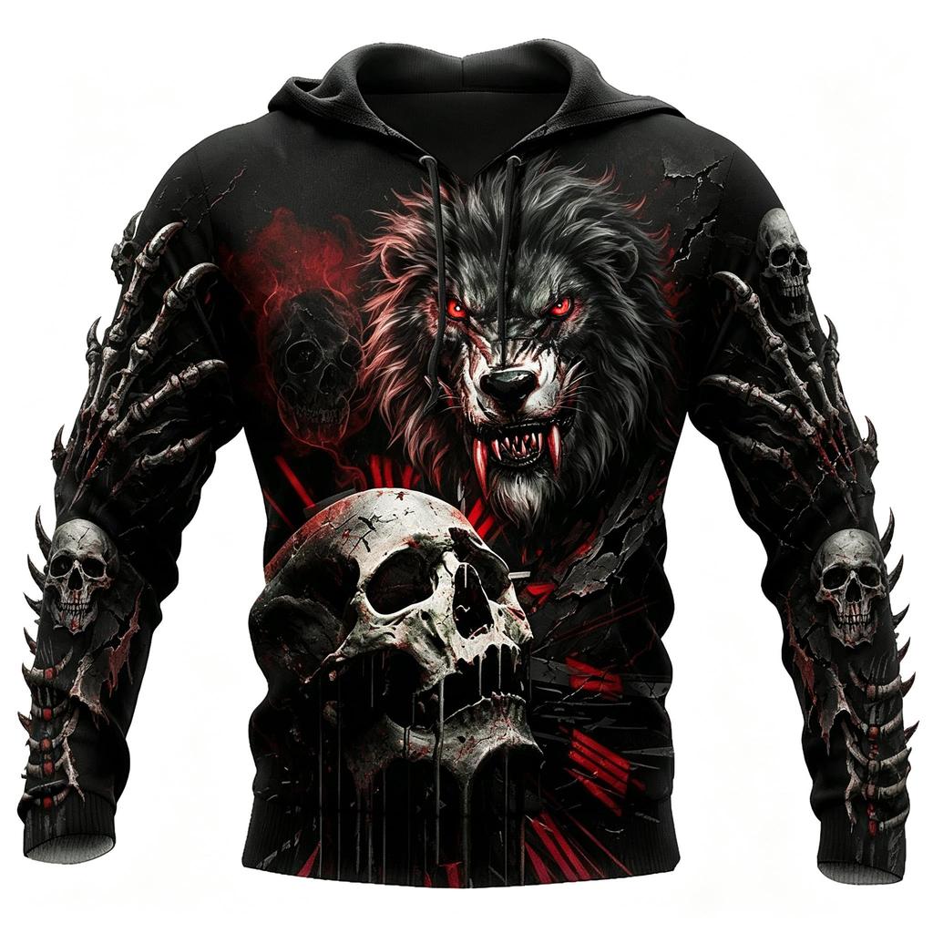 Women's Roaring Grizzly Bear Skull Thorn Print Hoodie Drawstring Pocket Horror Gothic Streetwear Pullover Sweatshirt