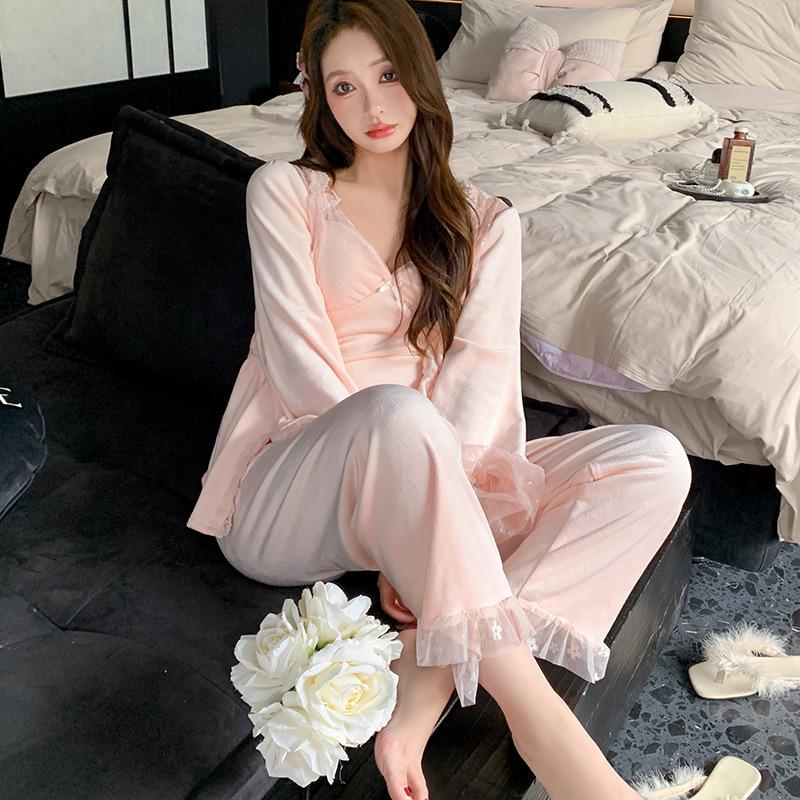 Elegant Three-Piece Lace Fleece Pajamas for Women - Autumn/Winter Collection