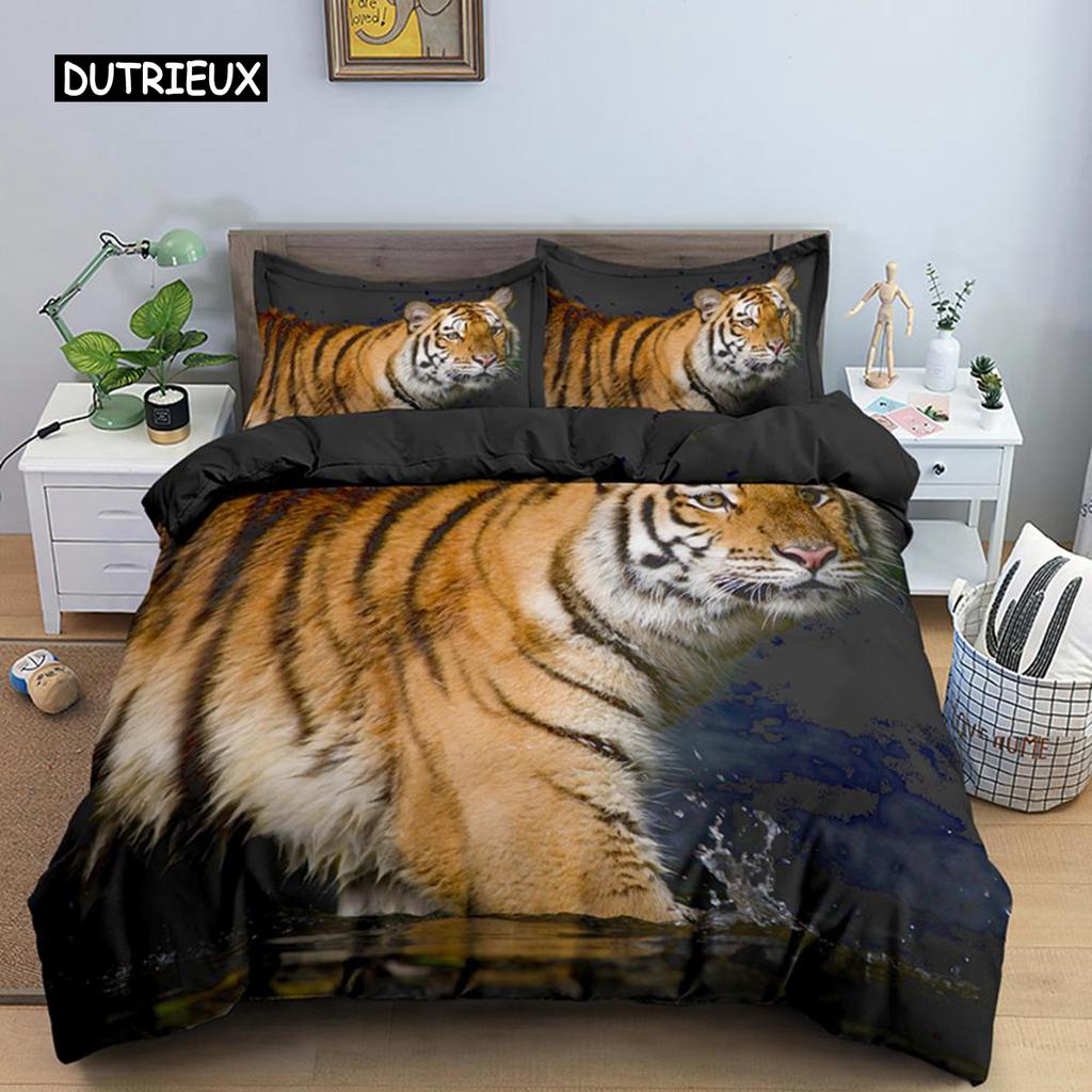 Tiger Duvet Cover Set King Size Wild Theme Bedding Set Animal Pattern Comforter Cover Animal Theme Sunset Polyester Quilt Cover