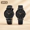 2Pcs Minimalist Lovers Watch Set Slim Round Dial Mesh & Leather Strap Quartz Wrist Watch Elegant Daily Business Couple Watch
