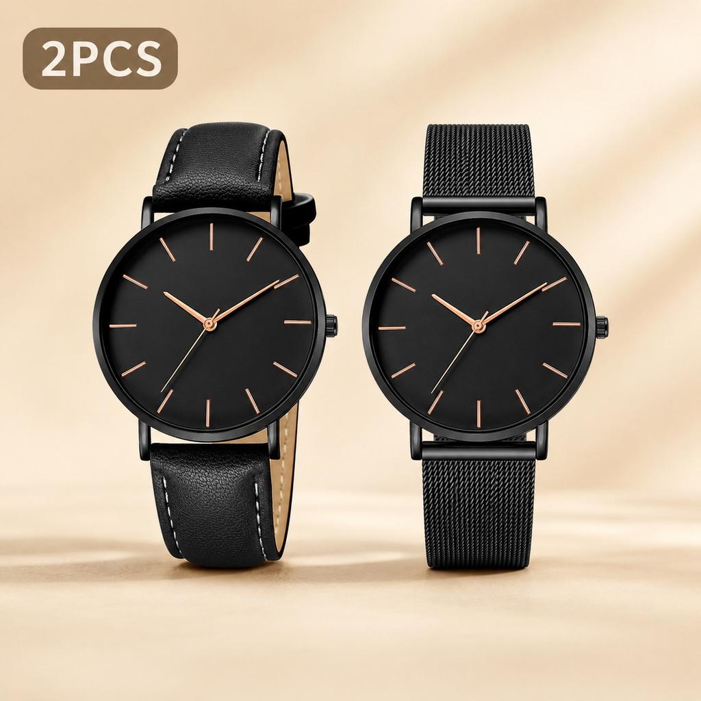 2Pcs Minimalist Lovers Watch Set Slim Round Dial Mesh & Leather Strap Quartz Wrist Watch Elegant Daily Business Couple Watch