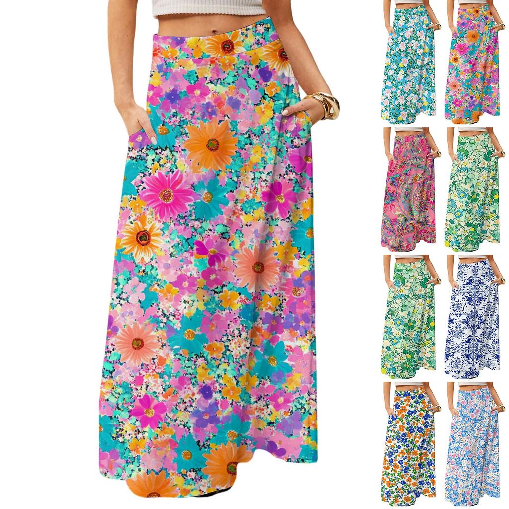 Abito Maxi Fluido da Donna Regolare Casual Estivo Stampa Floreale Bohemien Gonna