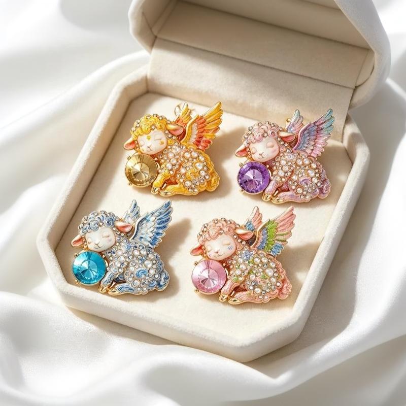 1Pcs Unisex Pearl Colorful Wing Goat Animal New Year Party Casual Brooch Pins Cute Angel Sheep Brooches For Women