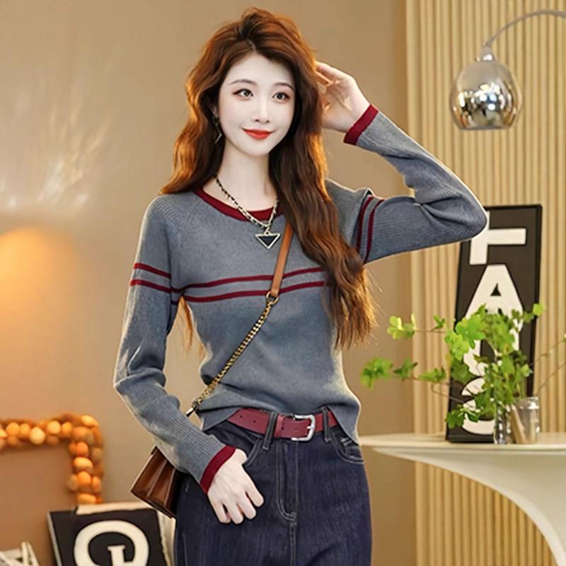Autumn new long-sleeved slim-fitting sweater crew neck striped splicing knitted sweater women's inner lining looks thin