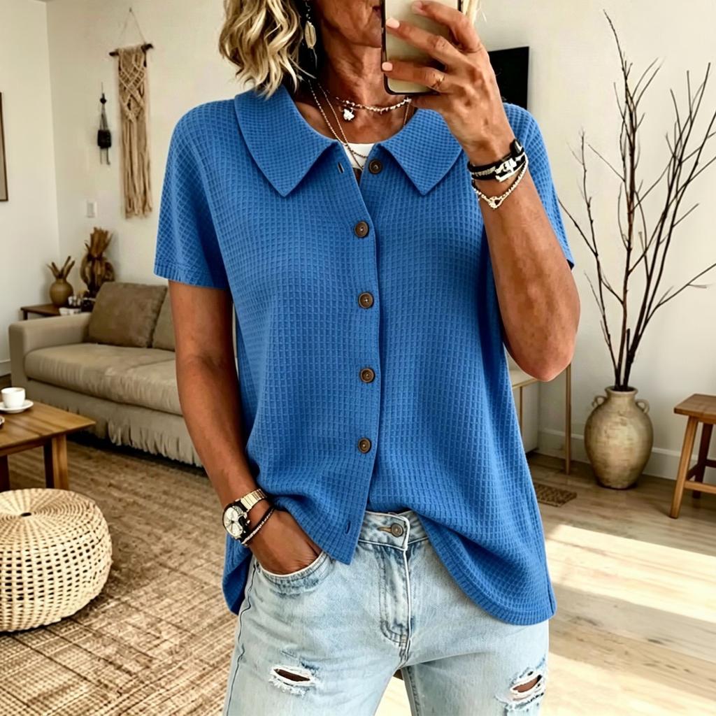 Women's Knit Button Down Short Sleeve Top with Collar, Casual Color Blouse