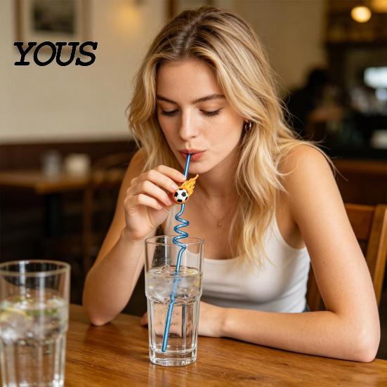 Reusable PET Straw 2Pcs Soccer Theme Spiral Straws, Curved Drinking Washable Straws with Football Charm, World Mug Party Beverage Decor Bendable