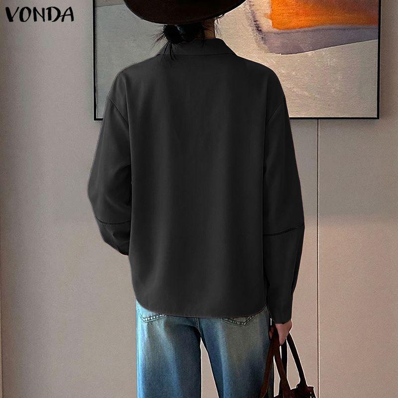 VONDA Women Casual Lapel Neck Crochet Lace Splice Long Sleeve Blouse Shirts