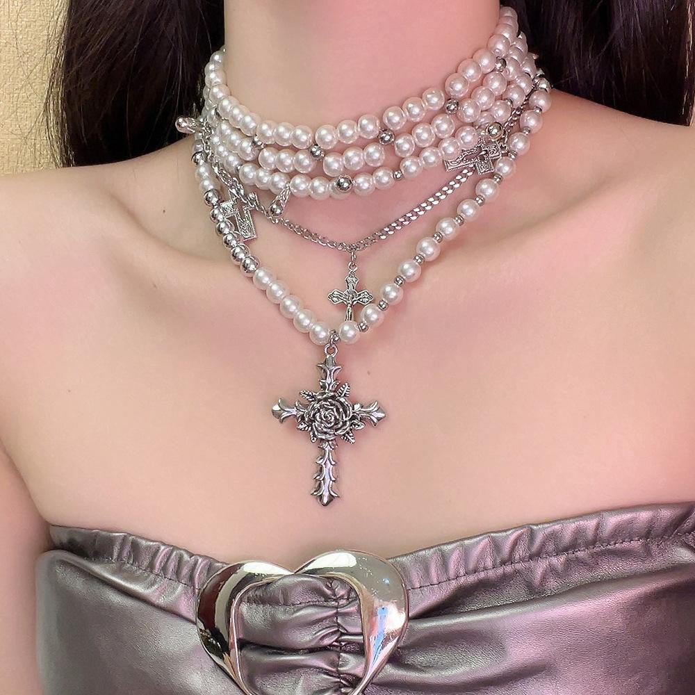 Y2K Accessories Pearl Cross Necklaces Multi Layer Choker Set Charms Necklace for Women Korean Fashion Necklace Punk Goth Jewelry