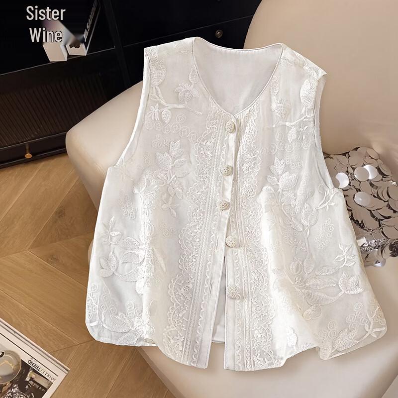 Women s Embroidered Lace Round Neck Vest M белый
