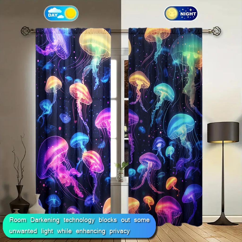 2pcs Brilliant Colored Jellyfish Printed Curtain for Home Decor - Rod Pocket Window Treatment for Bedroom, Office, Kitchen