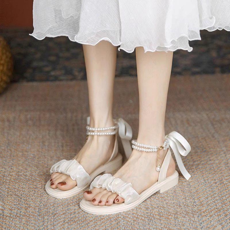 Fairy style with skirt medium heel Roman sandals women's 2025 summer new bow pearl versatile thick heel shoes