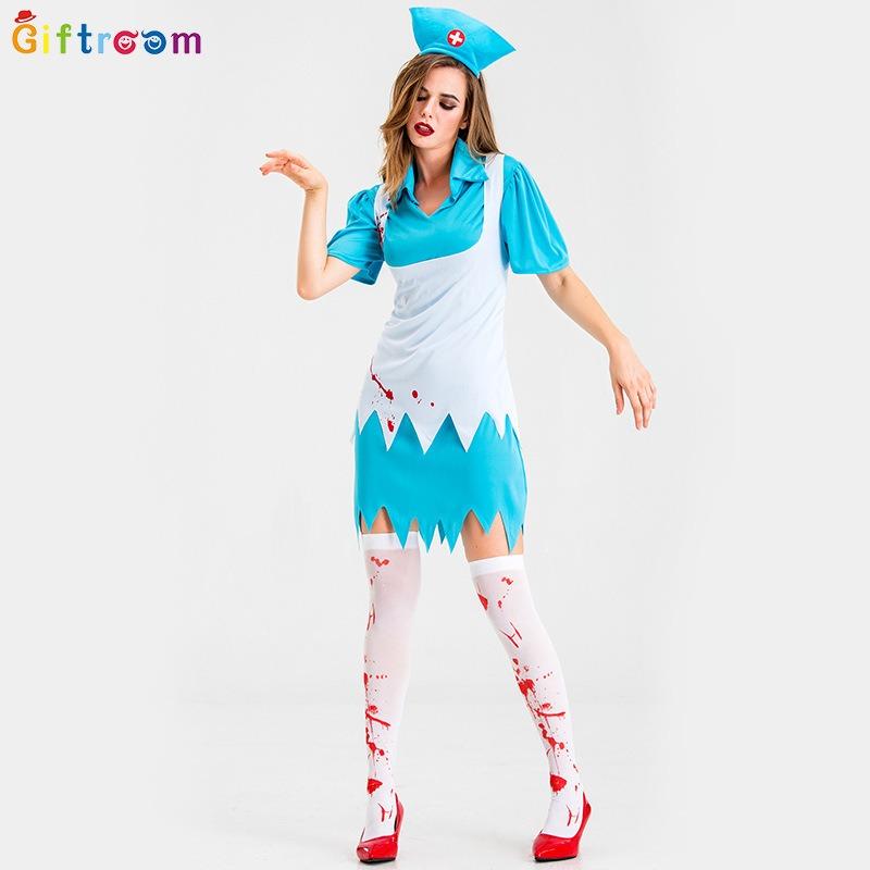 Halloween Adult Dress Horror Bloody Maid Apron Witch Dress Stage Performance Costume