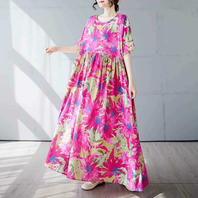 Einfacher und modischer langer Rock Sommer Kurzärmel Rundhals bedrucktes Kleid