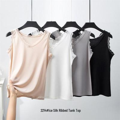 Γυναικείο Καλοκαιρινό Αμάνικο Τοπ από Παγωμένο Μετάξι με Ριμπ Κορδόνι - Μονόχρωμο, Στενή Γραμμή, Αμάνικο, Άνετο Εσώρουχο.