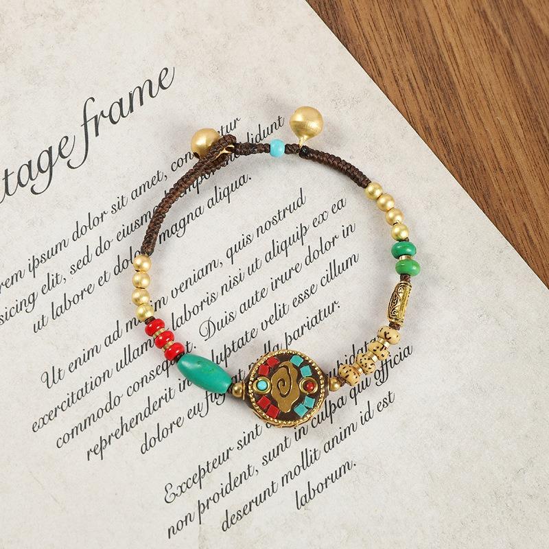 BLINGBAY Bracelet de Perles pour Femmes Rétro Népalais Bracelet de Perles de Cuivre Ancien pour Femmes Style Ethnique Tibétain Personnalité Simple Tressé Bleu Bracelet Cadeau