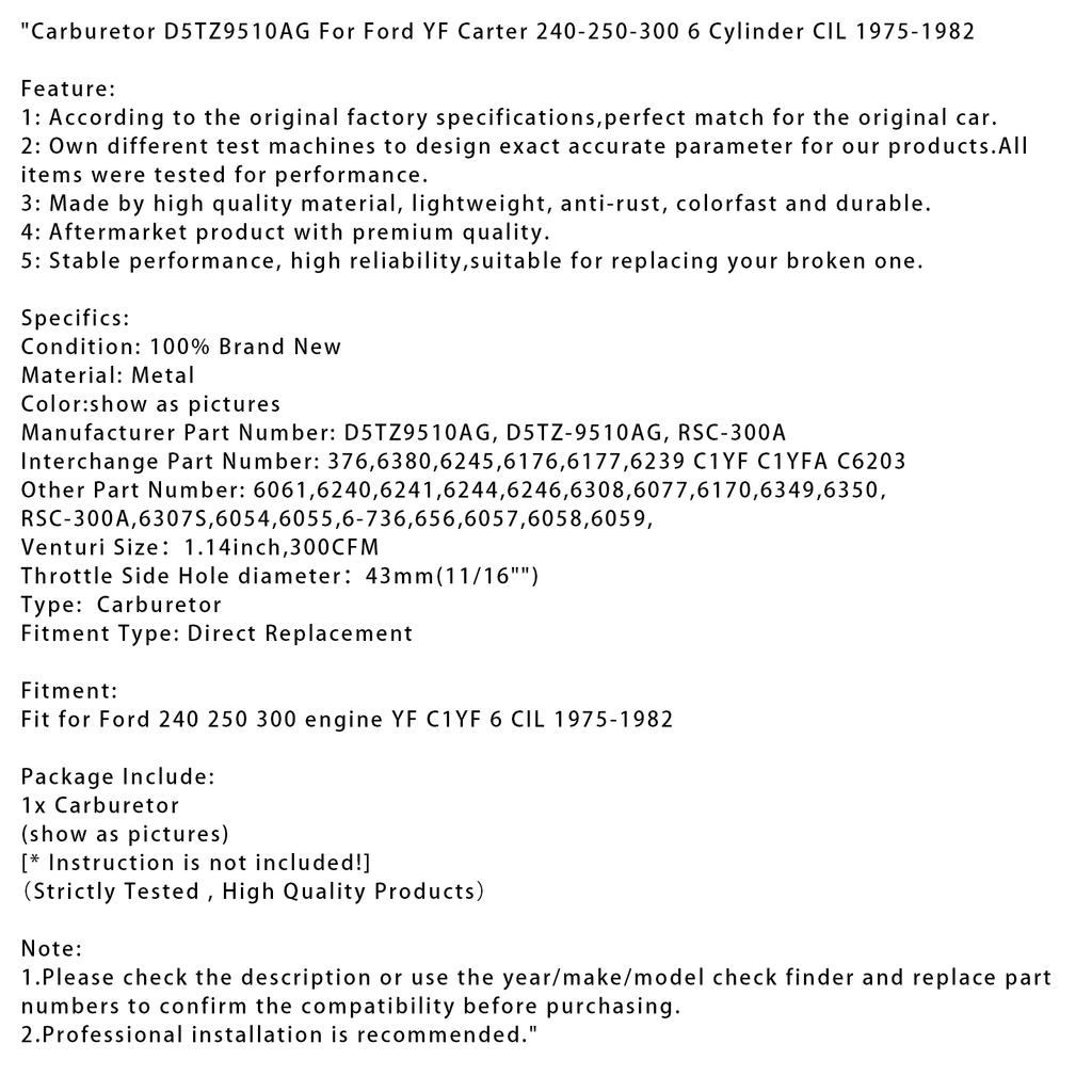 Karburátor D5TZ9510AG Pro Ford YF Carter 240-250-300 6 Válec CIL 1975-1982