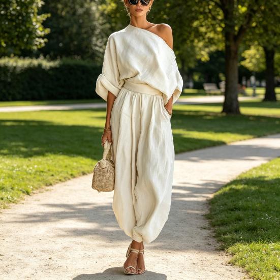 Damen 2-teilige Outfits Kurzarm Off-Shoulder Pullover Oberteil und Lockere Haremshosen Set Sommerurlaub Loungewear Sets
