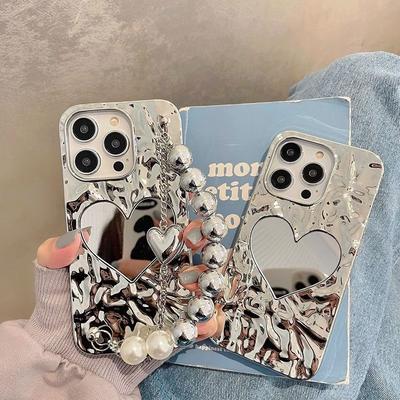 Fashionable Luxury Electroplated Love Heart Mirror Shockproof TPU Mobile Phone Case Holster for 16/15/14/13/12 Pro Max Lanyard