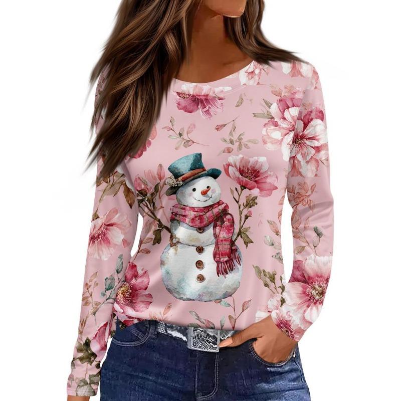 Christmas Limited Edition Women's 3D Floral Snowman Print Round Neck Long Sleeve T-shirt Fashion Casual Long Sleeve Top