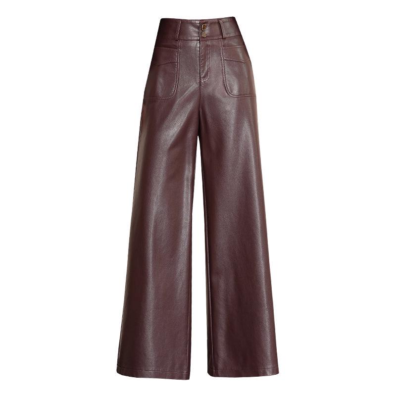 Chic Women's High-Waisted Lambskin Wide-Leg Pants - 2025 Autumn/Winter Slimming Casual Fit