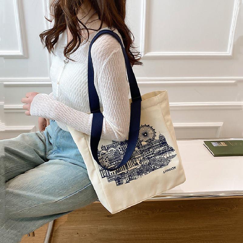 Women Canvas Handbags Shoulder Bag Ld Books Print Ladies Casual Tote Bag Female Handbag Shopping Bag Student School Bags