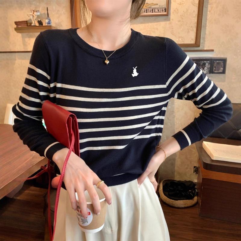 Chic Temperament Early Autumn Crew Neck Retro Striped Embroidered Inner Long-sleeved Knitted Bottoming Shirt Women's Top