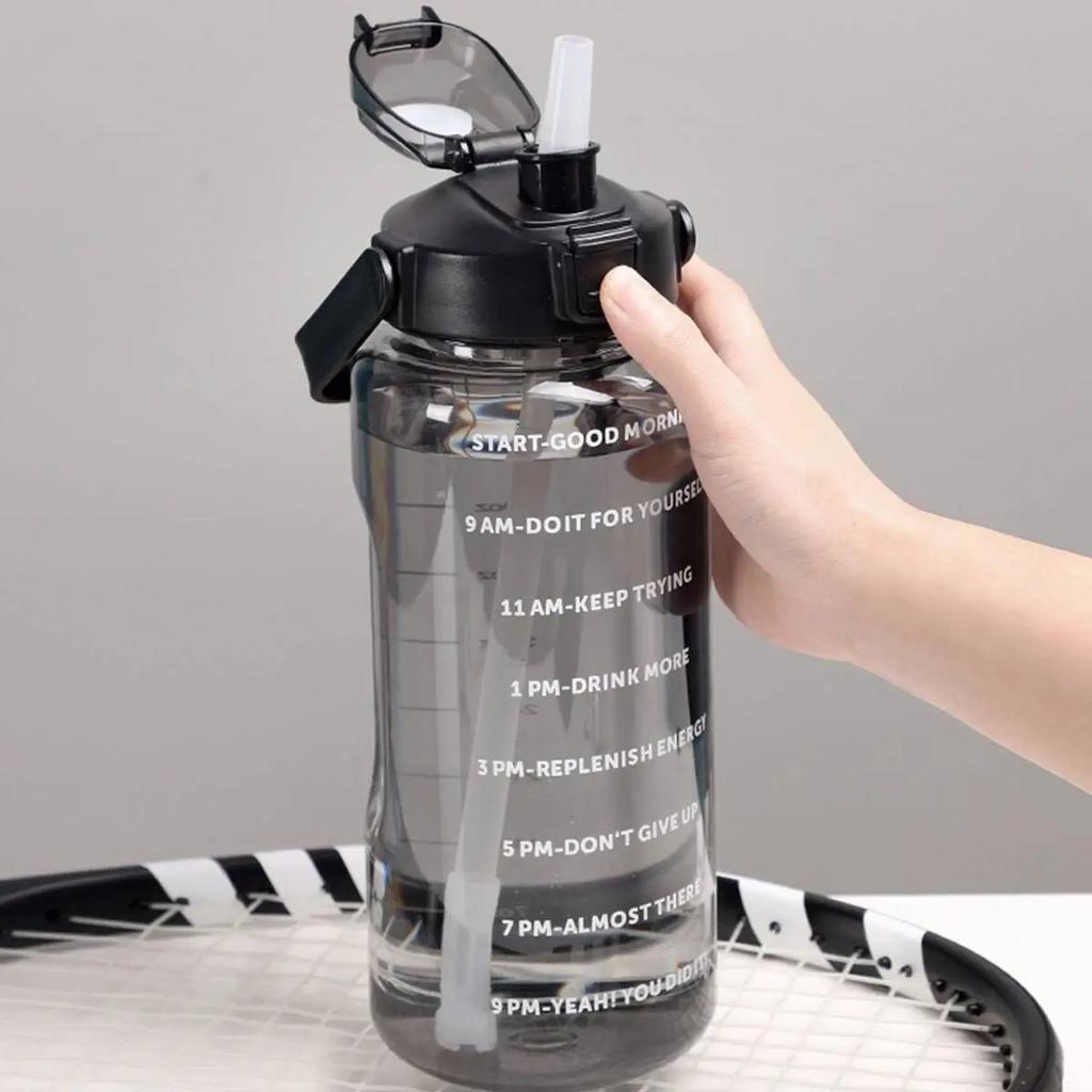 1 Stück - Transparente Sportwasserflasche mit Zeitanzeige & Strohhalm-Griff - Perfekt für große Schlücke, auslaufsicher, ideal für Fitnessstudio, Fitness