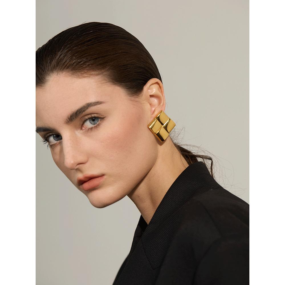 Yhpup High Quality Stainless Steel Metal Square Statement Stud Earrings Waterproof Personalized Texture Charm Jewelry for Women