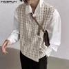 INCERUN Men V Neck Front Cross Sleeveless Waistcoat Texture Plaid Vest Coats