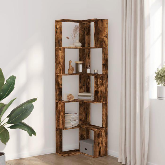 VidaXL Corner Bookshelf 5-Tier Smoked Oak Engineered Wood, Corner Bookcase, Corner Display Cabinet, Cabinet 852586