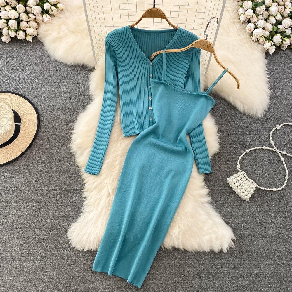 

Осенне-зимний модный кардиган с v-образным вырезом и длинными рукавами + хип-платье на бретельках Spice Girl, комплект из двух предметов